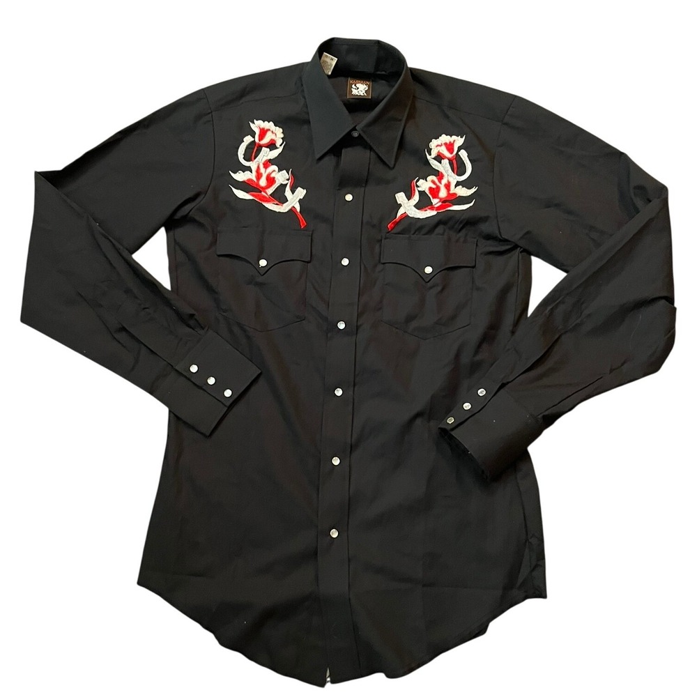 Vintage Karman Mens Black Embroidered Western Pearl Snap 15-34 Johnny Cash